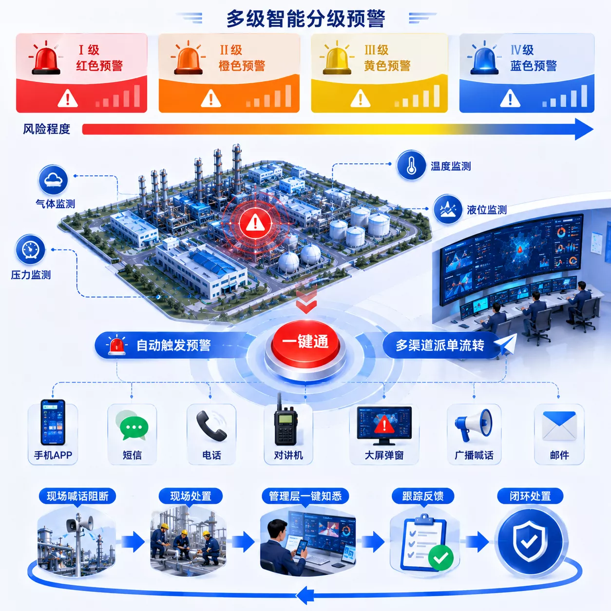 建立基于风险矩阵的红、橙、黄、蓝四色分级预警机制。系统触发预警后，通过融合通信自动开启“一键通”多渠道派单流转，实现现场喊话阻断、管理层一键知悉、全业务链条闭环处置
